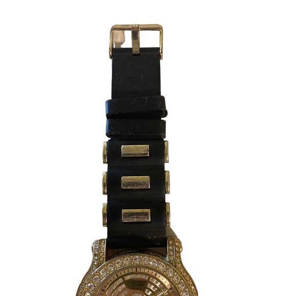 Techno Pave Men’s Gold Watch Rhinestone Black Silicone Watch - Picture 6 of 7